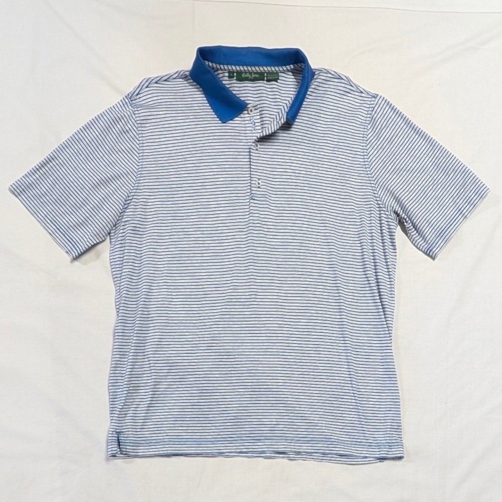 Bobby Jones Mens Blue White Striped Cotton Polo Shirt Large Short Sleeve Golf
